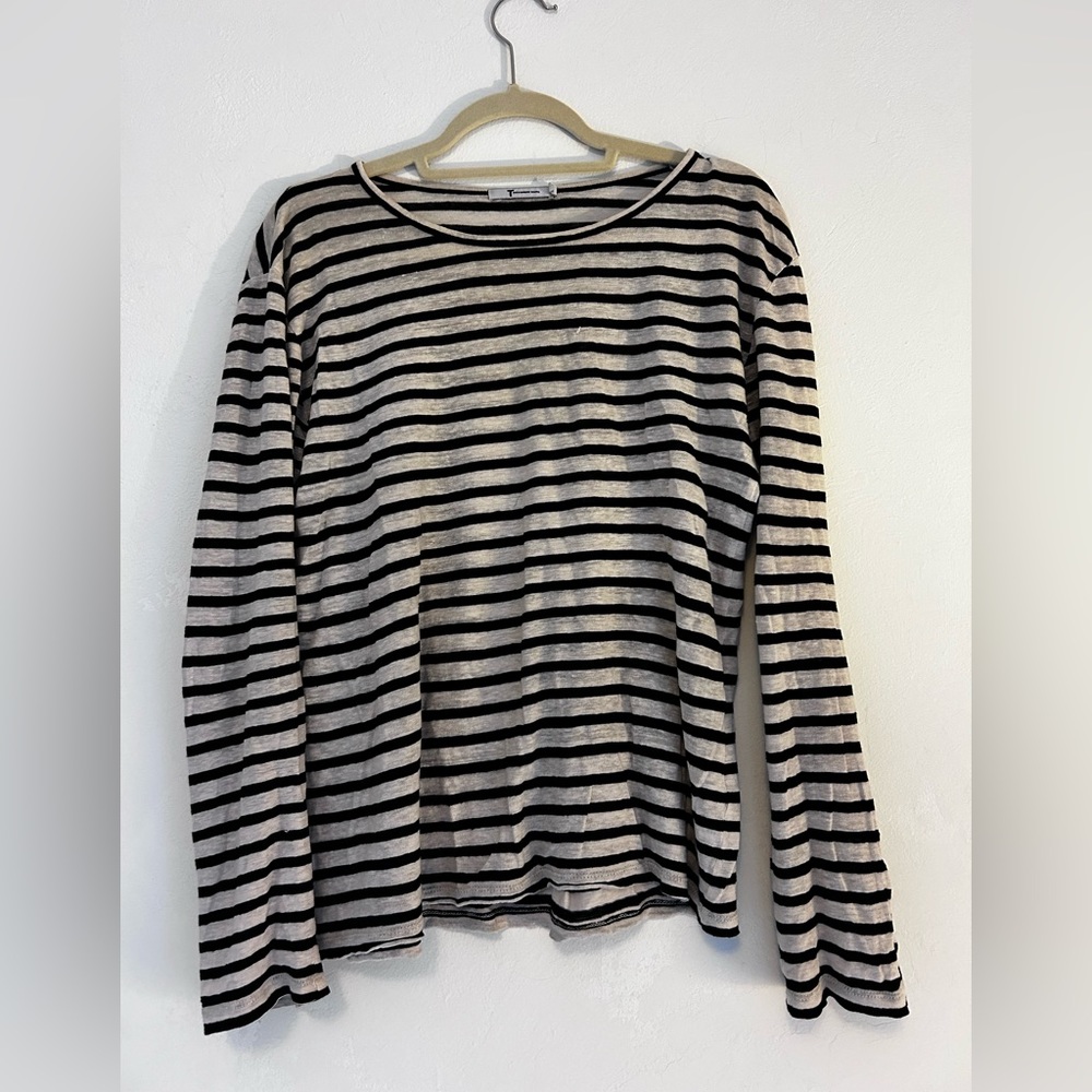 ⚓️ ALEXANDER WANG Breton Stripe Black White Pure Linen LS Tee Sz S Distressed - Picture 5 of 8